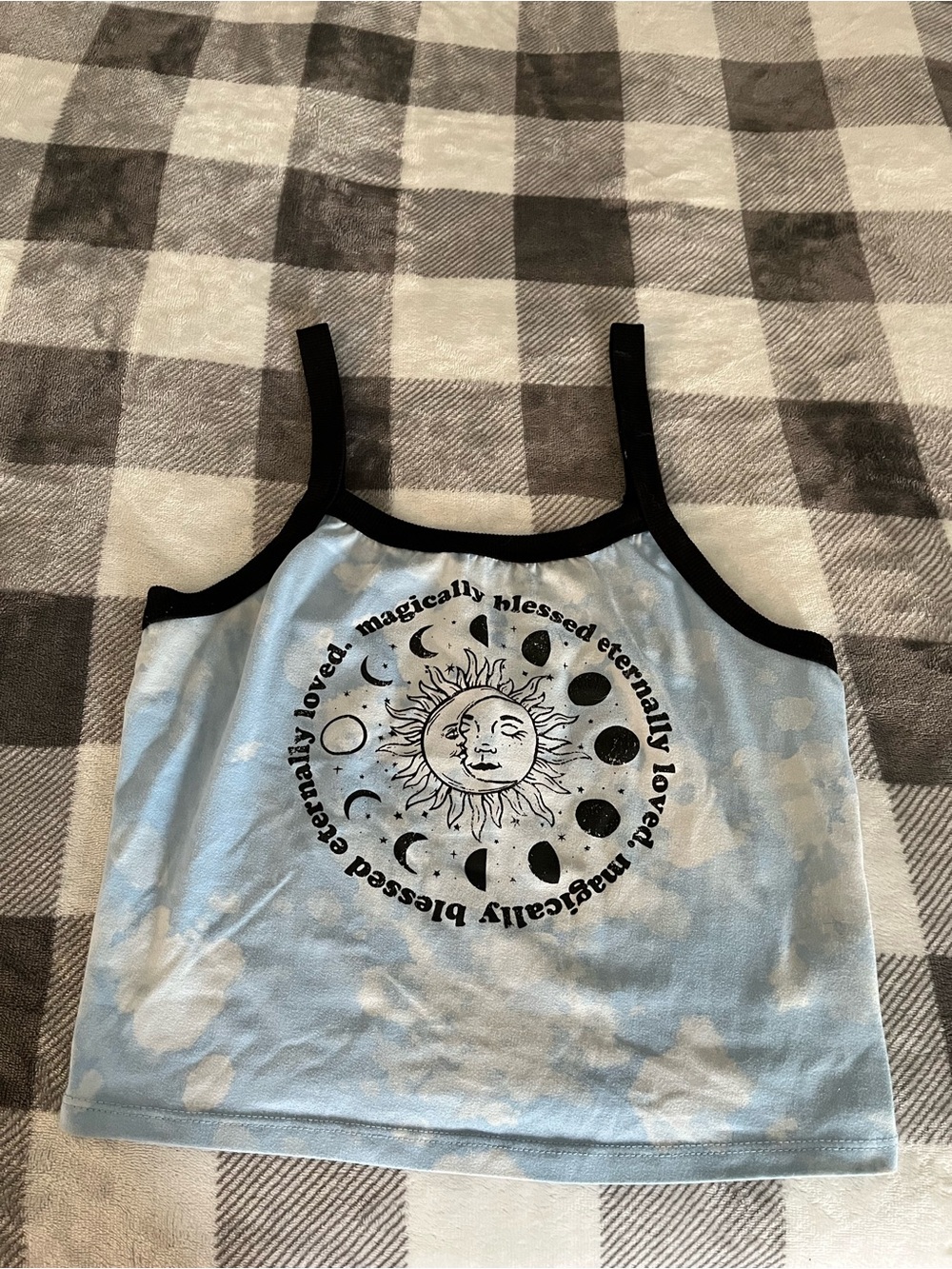 No Boundaries Light Blue Tie-Dye Sun & Moon Graphic Tank Top with Black Trim